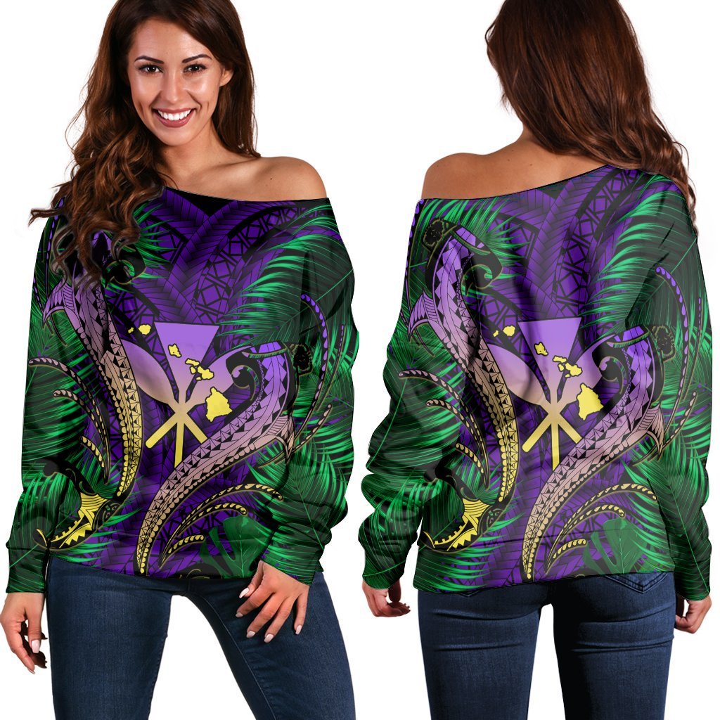 Hawaii Shark Polynesian Tropical Women's Off Shoulder Sweater - Purple - AH Black - Polynesian Pride