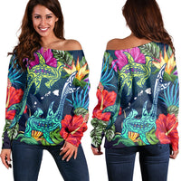 Hawaii Shark Tropical Color Women's Off Shoulder Sweater - AH Black - Polynesian Pride