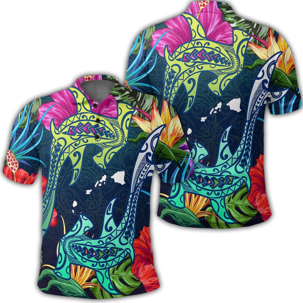 Hawaii Shark Tropical Color Polo Shirt Unisex Black - Polynesian Pride