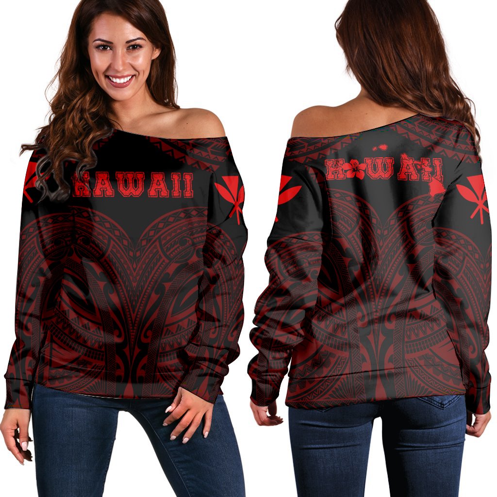 Hawaiian Kanaka Map Women's Off Shoulder Sweater - Red - Brad Style - AH Red - Polynesian Pride