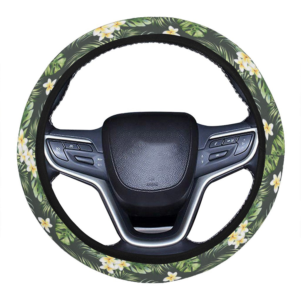 Hawaii Summer Plumerias Flowers Palm Tree Monstera Leaves. Hawaii Universal Steering Wheel Cover with Elastic Edge One Size Blue Steering Wheel Cover - Polynesian Pride