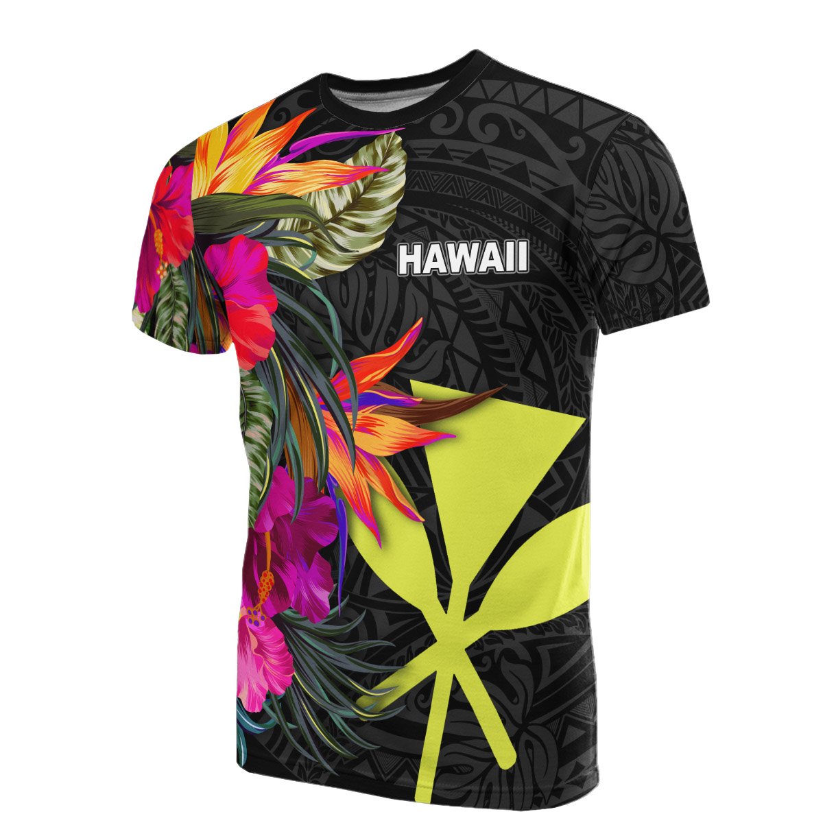 Hawaii T Shirt Hibiscus Polynesian Pattern Unisex Black - Polynesian Pride