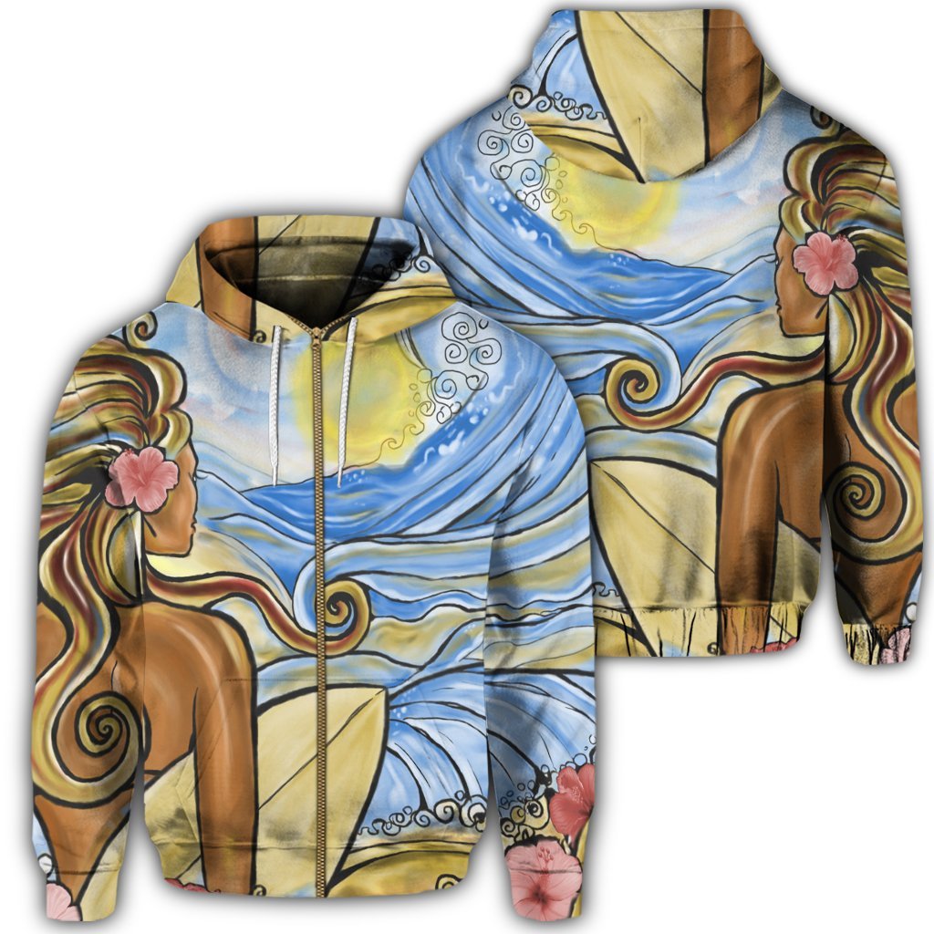 Hawaii The Girl Surfing Wave Zip Hoodie Unisex Art - Polynesian Pride