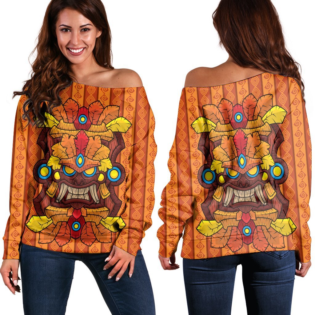 Hawaii Tiki Pattern Women's Off Shoulder Sweater - AH Black - Polynesian Pride