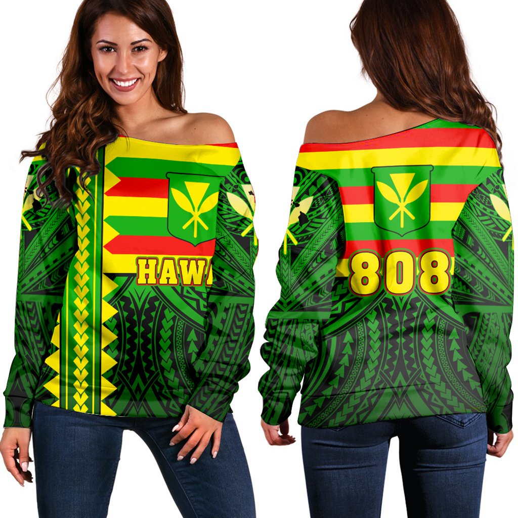 Hawaii - Hawaiian Kanaka Maoli Women's Off Shoulder Sweater - Speaka Style - AH Green - Polynesian Pride