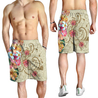 Hawaii Triple Marble Turtle Polynesian Hibiscus Men's Shorts - AH - Benjamin Style - Beige - Polynesian Pride