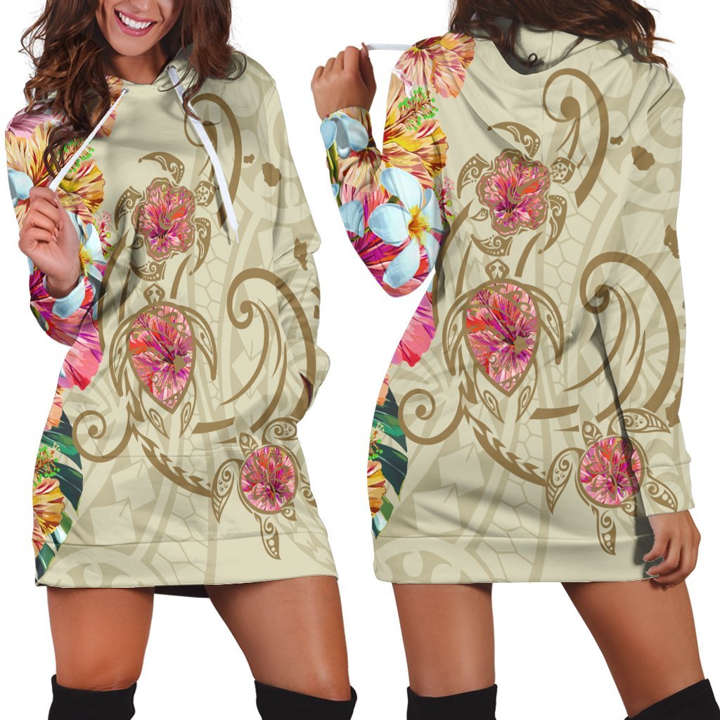 Hawaii Triple Marble Turtle Polynesian Hibiscus Hoodie Dress - AH - Benjamin Style - Beige Black - Polynesian Pride