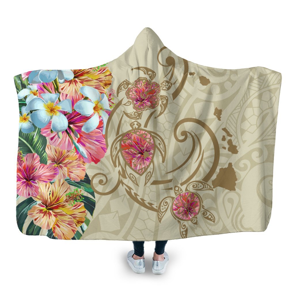 Hawaii Triple Marble Turtle Polynesian Hibiscus Hooded Blanket - AH - Benjamin Style - Beige Hooded Blanket White - Polynesian Pride