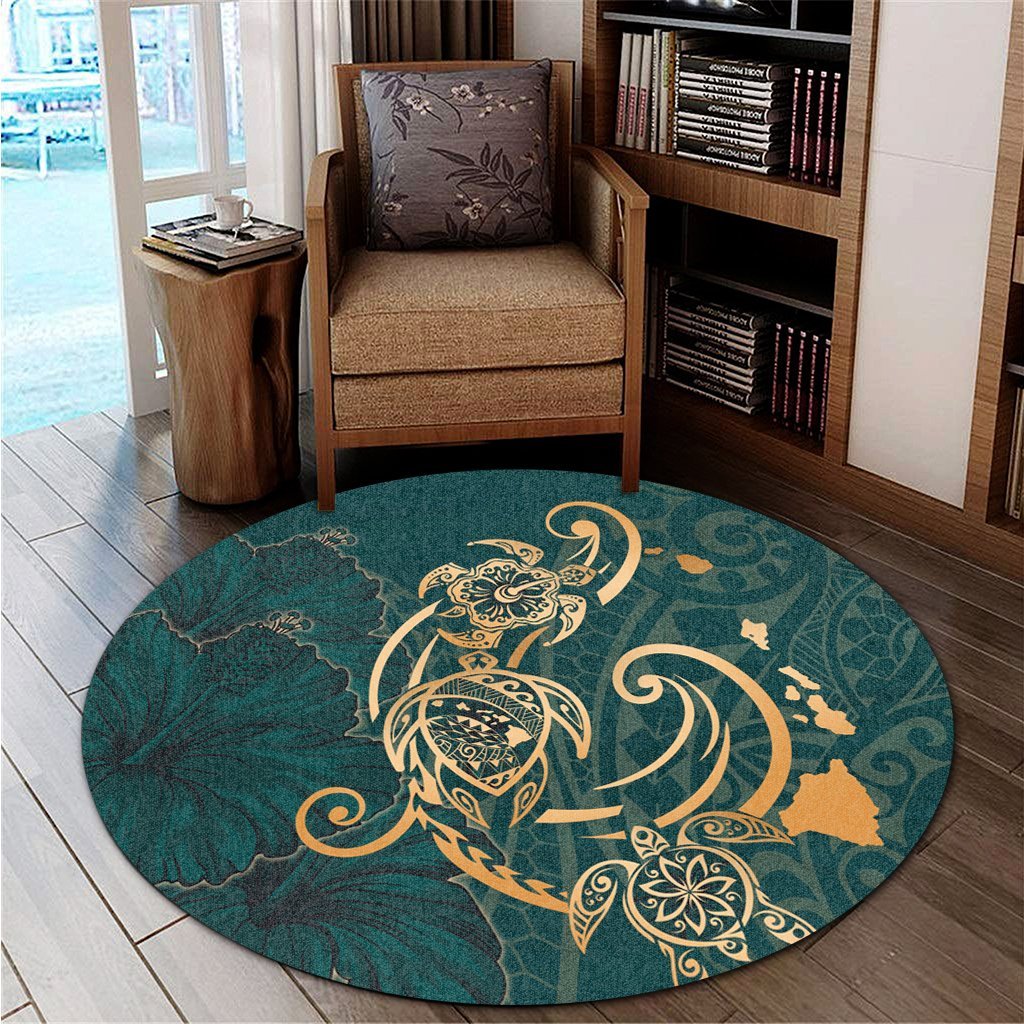 Hawaii Triple Marble Turtle Polynesian Hibiscus Round Carpet - AH - Benjamin Style - Green - Polynesian Pride