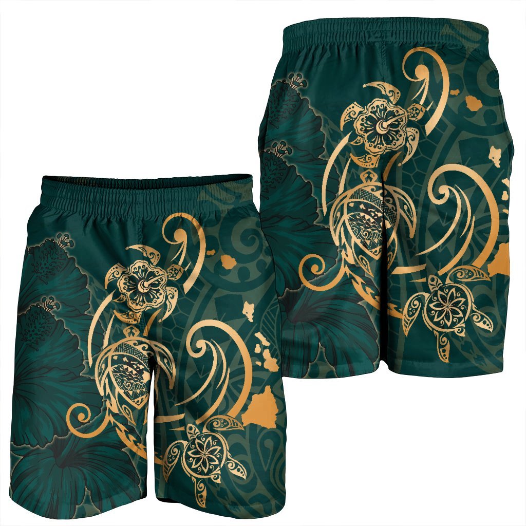 Hawaii Triple Marble Turtle Polynesian Hibiscus Men's Shorts - AH - Benjamin Style - Green - Polynesian Pride