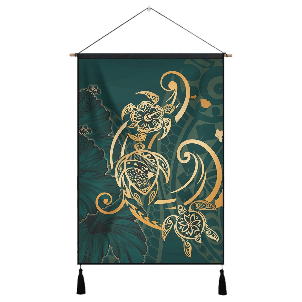 Hawaii Triple Marble Turtle Polynesian Hibiscus Hanging Poster - AH - Benjamin Style - Green Hanging Poster Cotton And Linen - Polynesian Pride