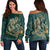 Hawaii Triple Marble Turtle Polynesian Hibiscus Women's Off Shoulder Sweater - AH - Benjamin Style - Green Black - Polynesian Pride