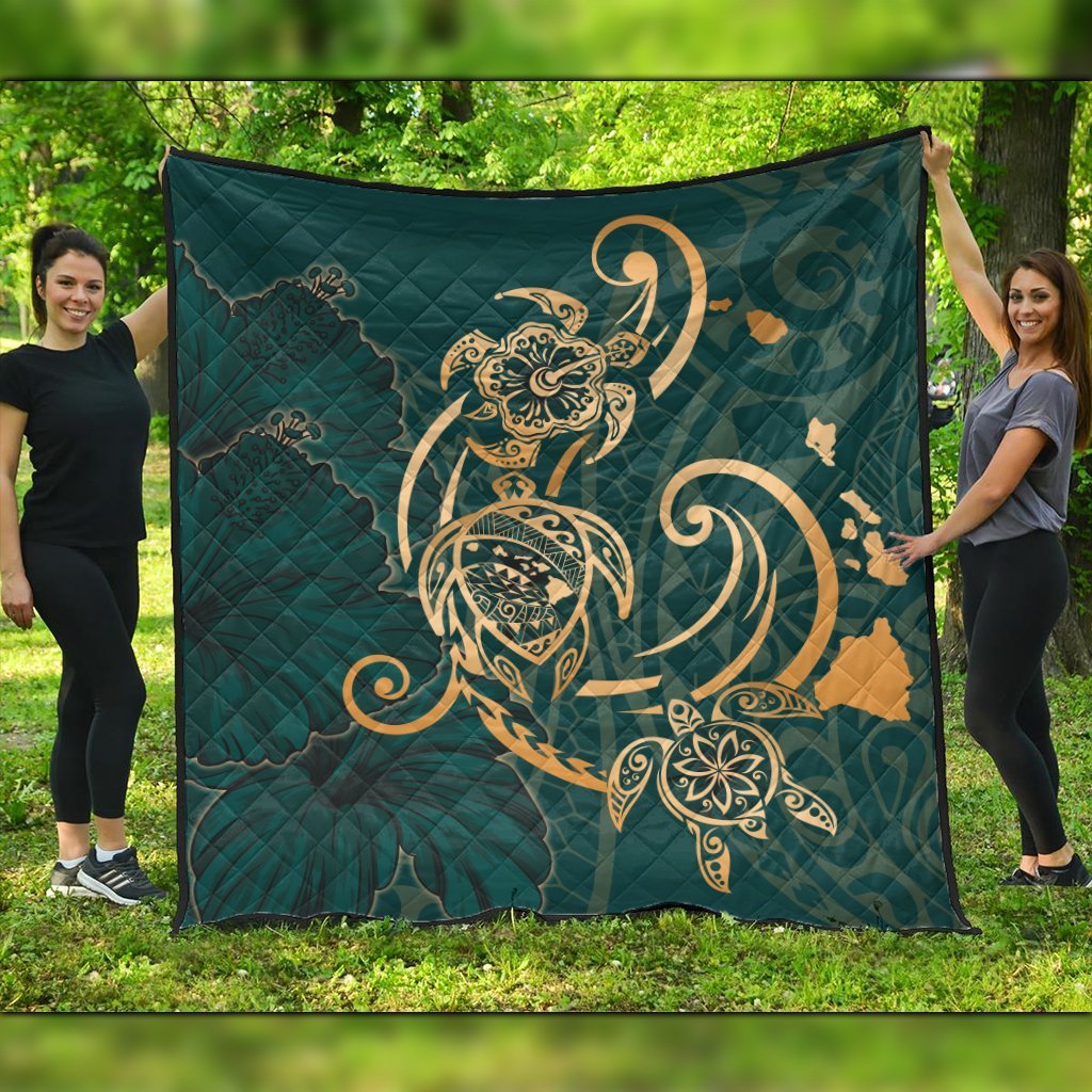 Hawaii Triple Marble Turtle Polynesian Hibiscus Premium Quilts - AH - Benjamin Style - Green Black - Polynesian Pride