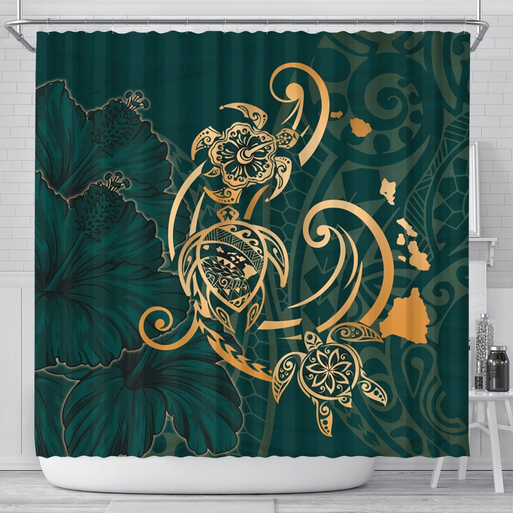 Hawaii Triple Marble Turtle Polynesian Hibiscus Shower Curtain - AH - Benjamin Style - Green 177 x 172 (cm) Black - Polynesian Pride