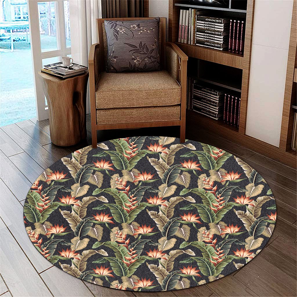 Hawaii Tropical Floral Vintage Strelitzia Flower Banana Leaves Round Carpet - AH Round Carpet Luxurious Plush - Polynesian Pride