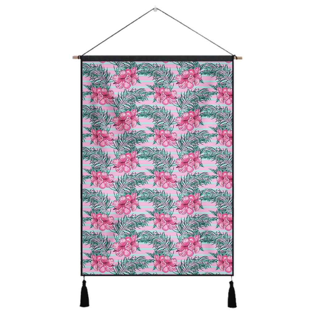 Hawaii Tropical Flowers Palm Leaves Hibiscus Strips Hanging Poster - AH- Hanging Poster 43 x 65 cm Cotton And Linen - Polynesian Pride