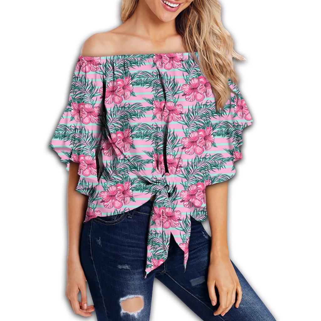 Tropical Hibiscus Palm Leaves Women's Off Shoulder Wrap Waist Top - AH - Polynesian Pride