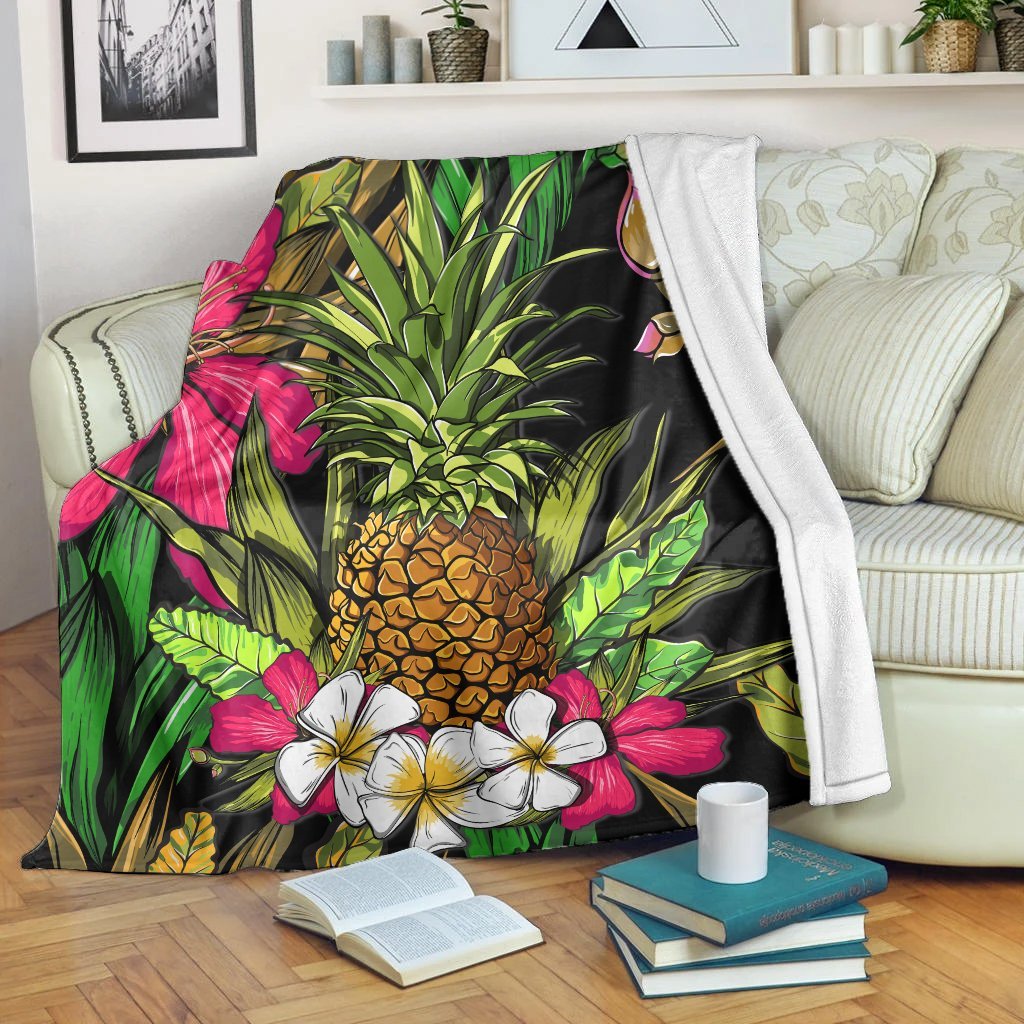 Hawaii Tropical Flowers Pineapple Premium Blankets - AH White - Polynesian Pride