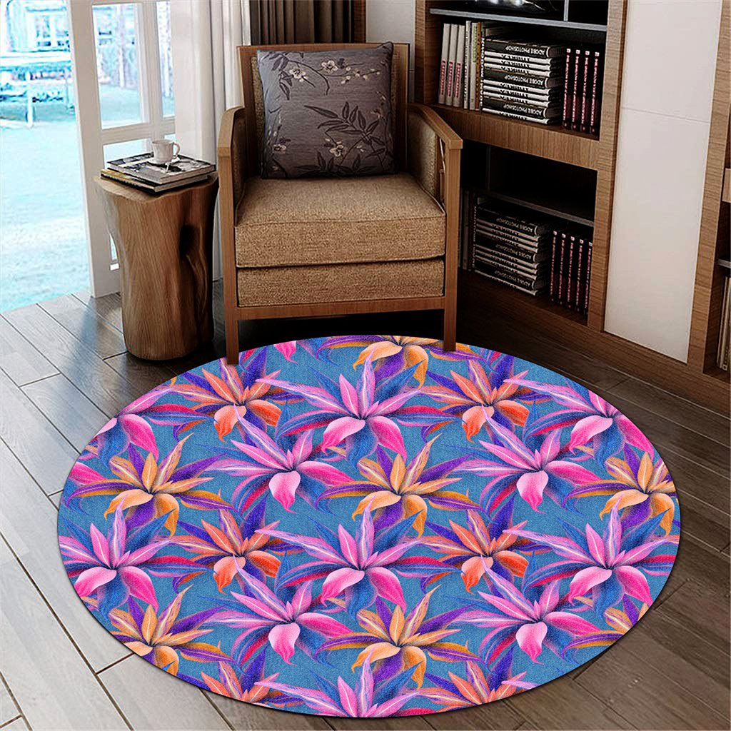 Hawaii Tropical Flowers Pink Round Carpet - AH Round Carpet Luxurious Plush - Polynesian Pride