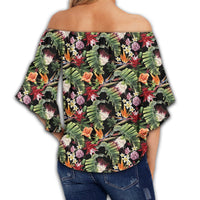 Hawaii Tropical Flowers Watercolor. Women's Off Shoulder Wrap Waist Top - AH - Polynesian Pride