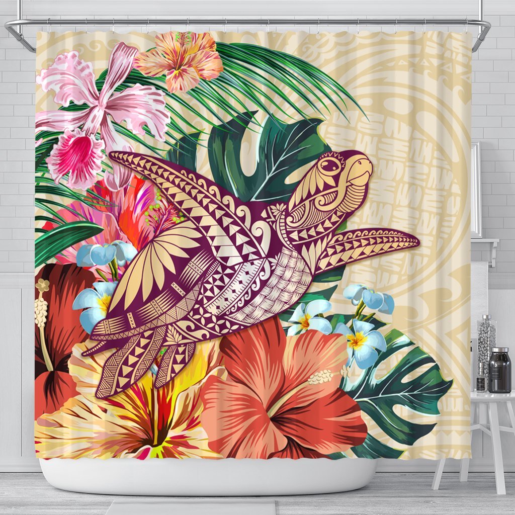 Hawaii Tropical Hibiscus Turtle Beige Shower Curtain - AH 177 x 172 (cm) Black - Polynesian Pride