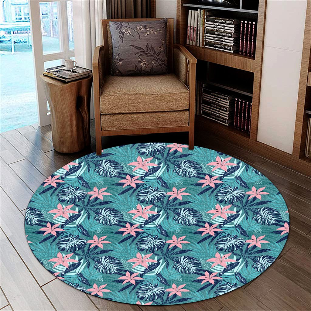 Hawaii Tropical Monstera Leaf Blue Round Carpet - AH Round Carpet Luxurious Plush - Polynesian Pride