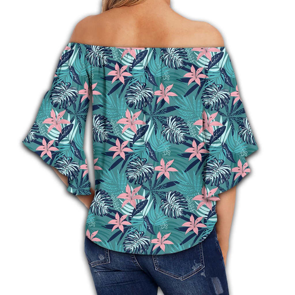 Hawaii Tropical Monstera Leaf Blue Women's Off Shoulder Wrap Waist Top - AH - Polynesian Pride