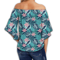 Hawaii Tropical Monstera Leaf Blue Women's Off Shoulder Wrap Waist Top - AH - Polynesian Pride