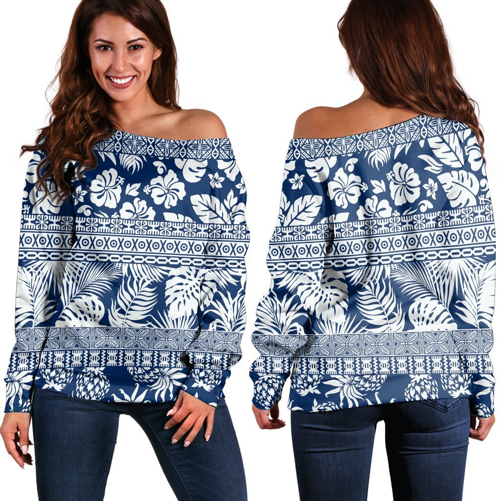 Hawaii Tropical Pattern Women's Off Shoulder Sweater - AH Black - Polynesian Pride