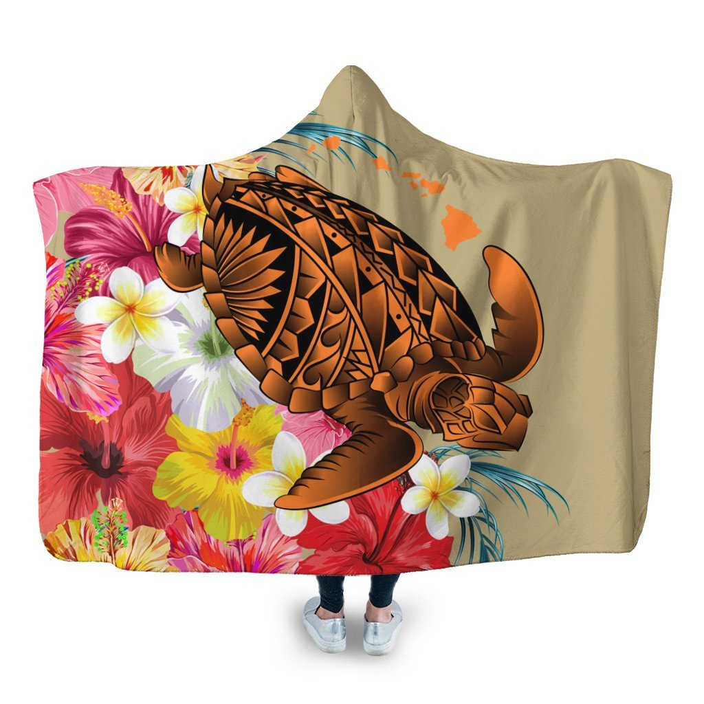 Hawaii Tropical Turtle Hibiscus And Plumeria Hooded Blanket - AH Hooded Blanket White - Polynesian Pride