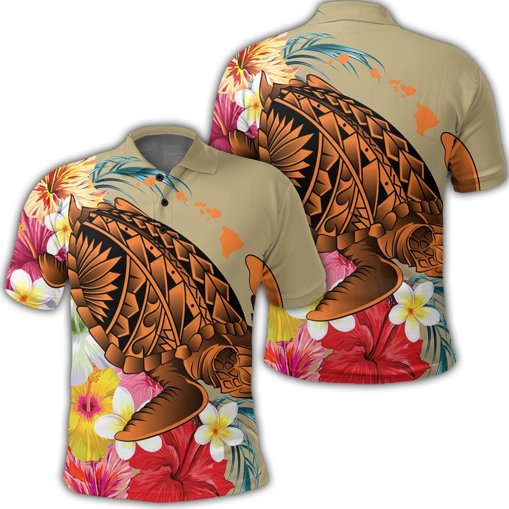 Hawaii Tropical Turtle Hibiscus and Plumeria Polo Shirt Unisex Black - Polynesian Pride