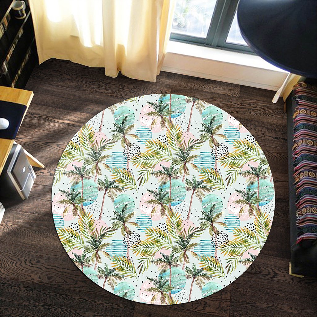 Hawaii Tropical Watercolor Palm Tree Leaf Round Carpet - AH - Polynesian Pride