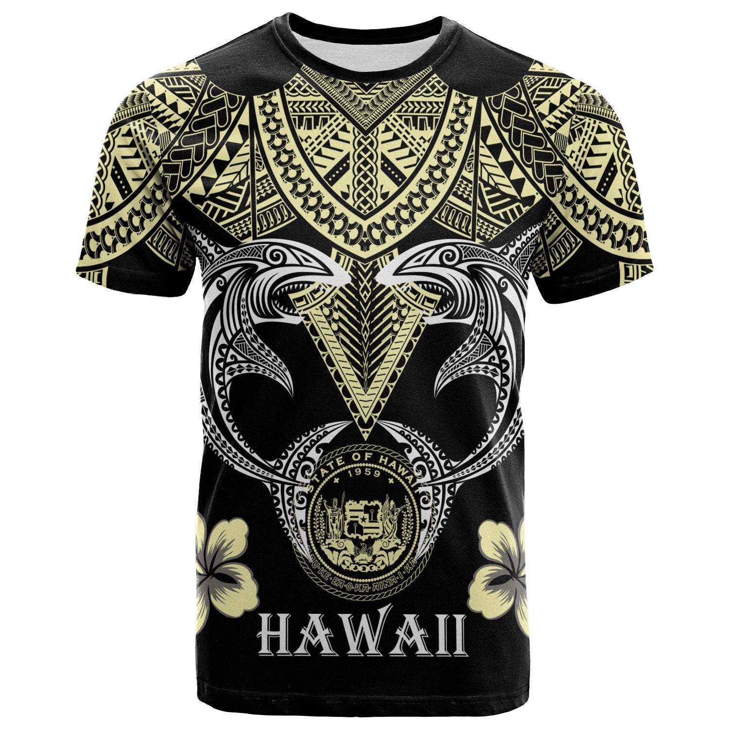 Hawaii T Shirt Pacific Maori Pattern Sharks Unisex Black - Polynesian Pride