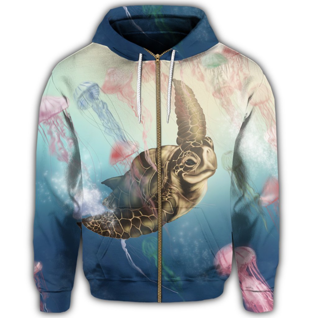Hawaii Turtle and Jellyfish In Deep Sea Moana Zip Hoodie - Polynesian Pride