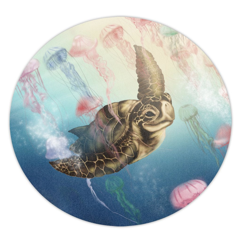 Hawaii Turtle And Jellyfish In Deep Sea Moana Round Carpet - AH Round Carpet Luxurious Plush - Polynesian Pride