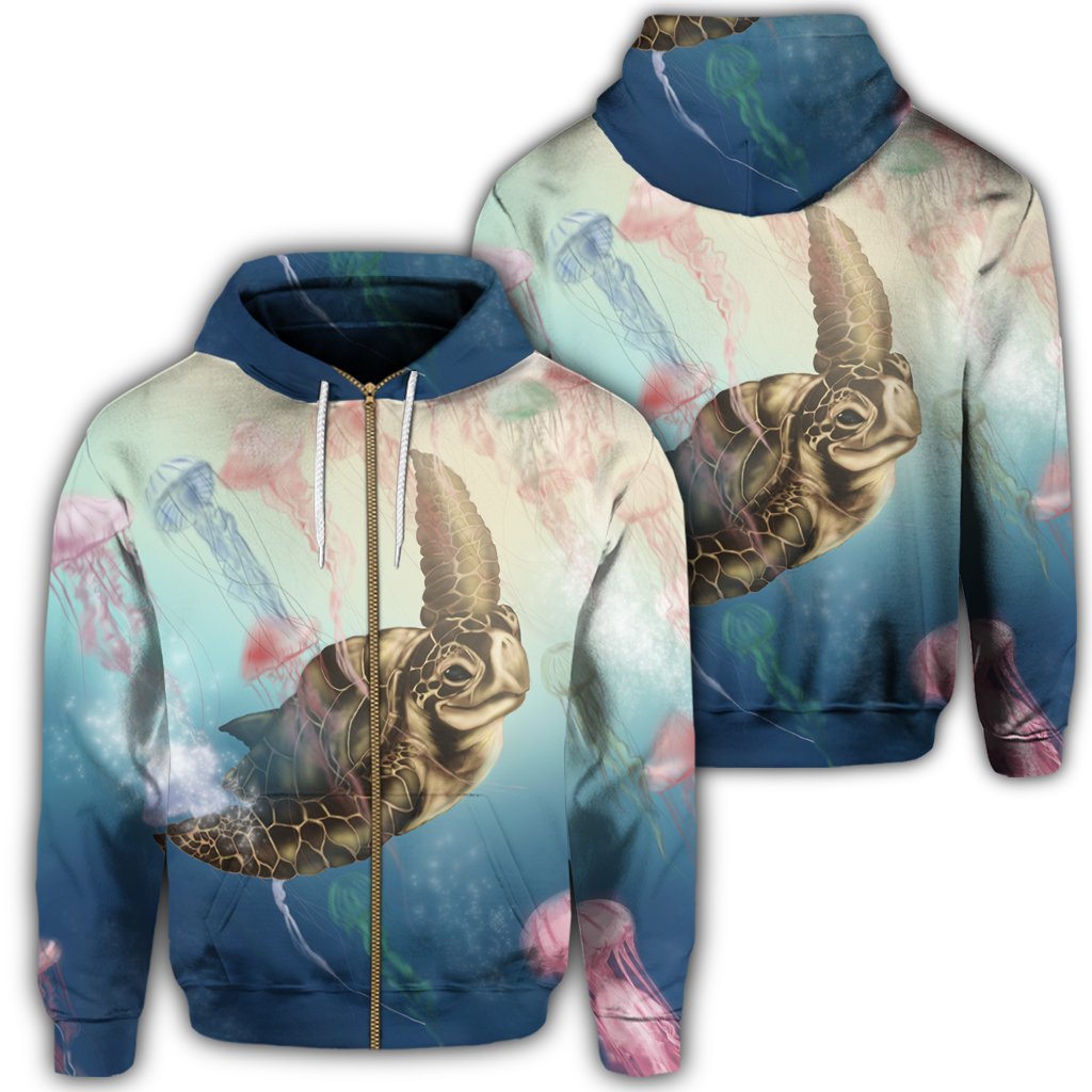 Hawaii Turtle and Jellyfish In Deep Sea Moana Zip Hoodie Unisex Art - Polynesian Pride