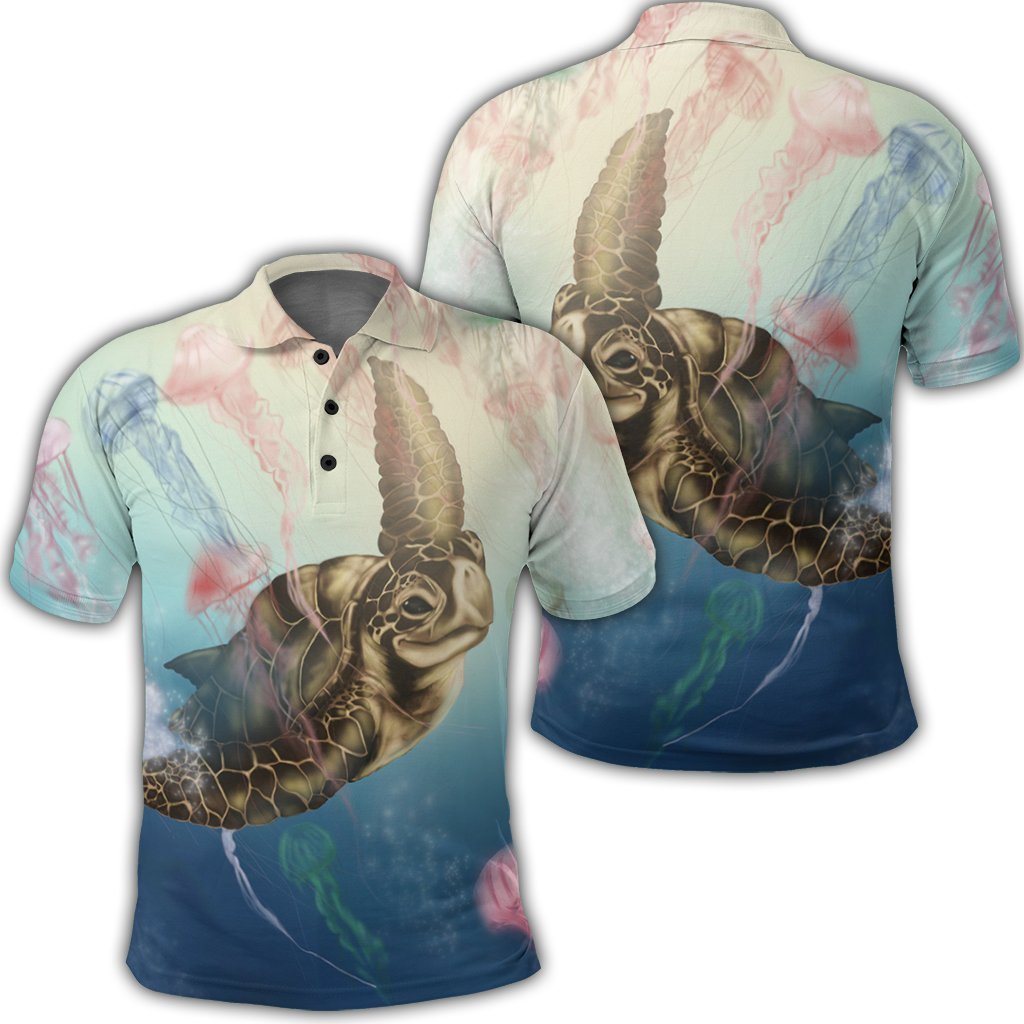 Hawaii Turtle and Jellyfish In Deep Sea Moana Polo Shirt Unisex Black - Polynesian Pride