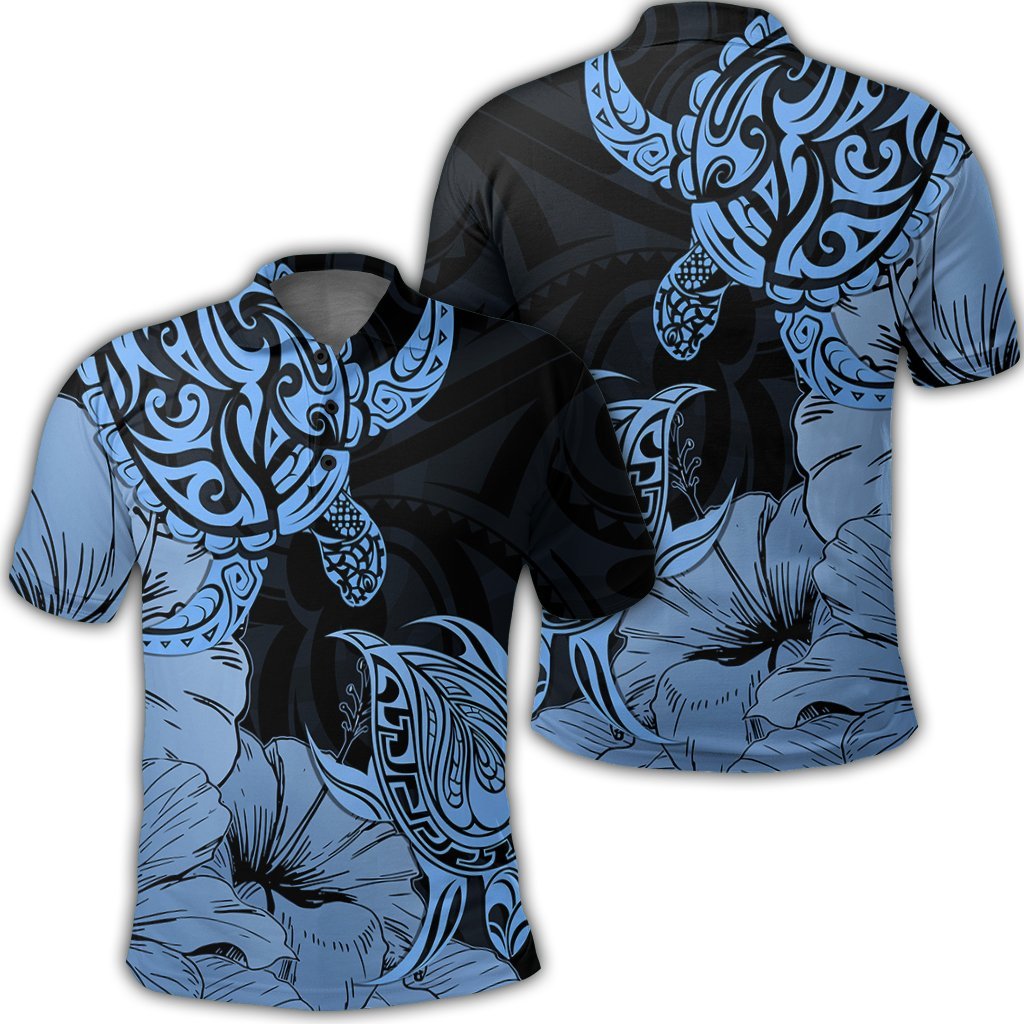 Hawaii Turtle Polo Shirt Polynesian Hibiscus Art Blue Unisex Black - Polynesian Pride