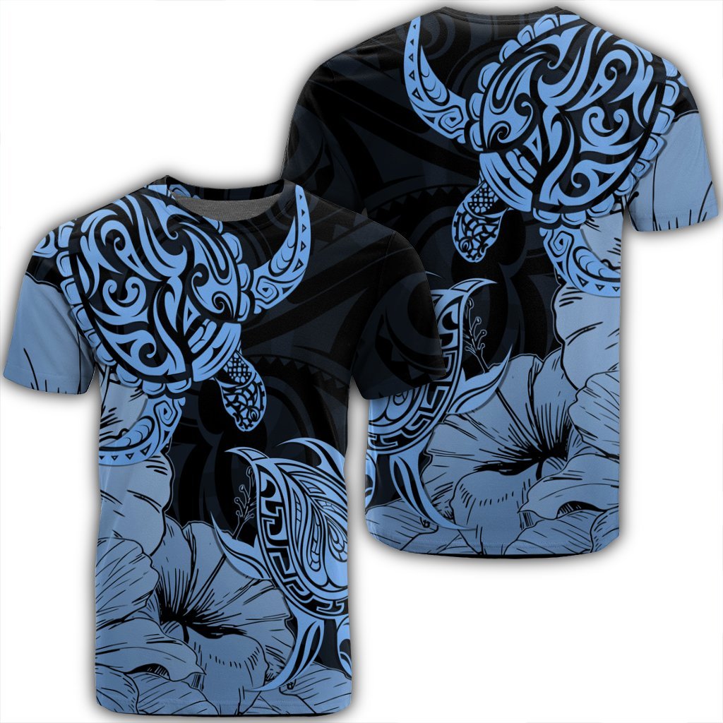 Hawaii Turtle T Shirt Polynesian Hibiscus Art Blue Unisex Black - Polynesian Pride