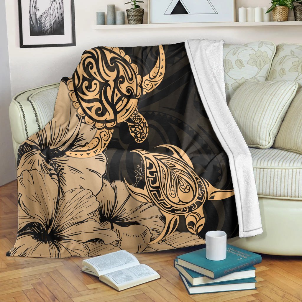 Hawaii Turtle Premium Blankets Polynesian Hibiscus Art Gold - AH White - Polynesian Pride