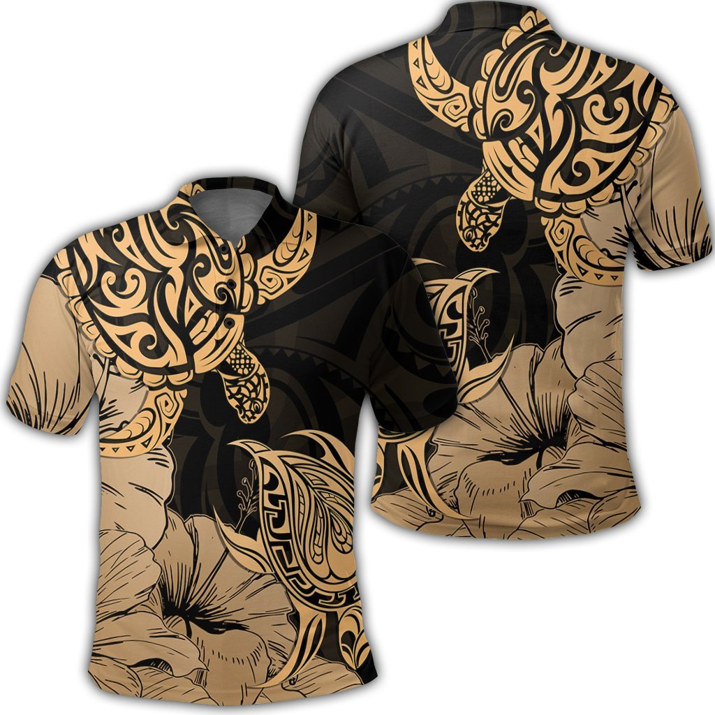 Hawaii Turtle Polo Shirt Polynesian Hibiscus Art Gold Unisex Black - Polynesian Pride