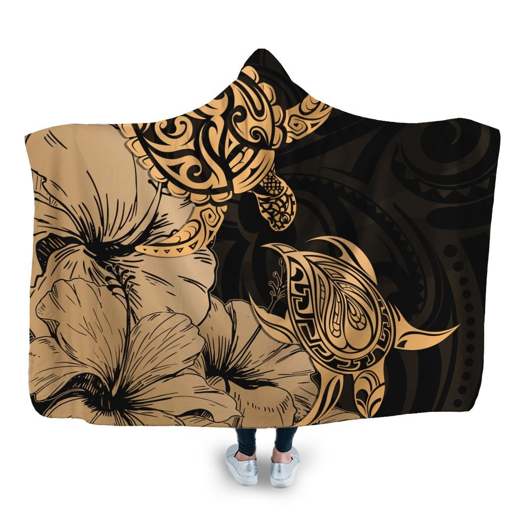 Hawaii Turtle Hooded Blanket Polynesian Hibiscus Art Gold - AH Hooded Blanket White - Polynesian Pride