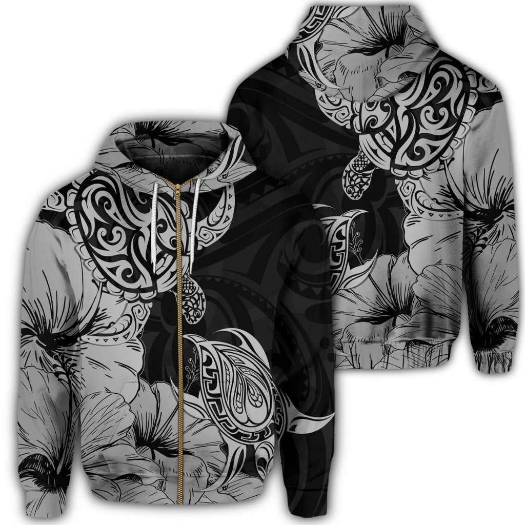 Hawaii Turtle Zip Hoodie Polynesian Hibiscus Art Gray Unisex Art - Polynesian Pride