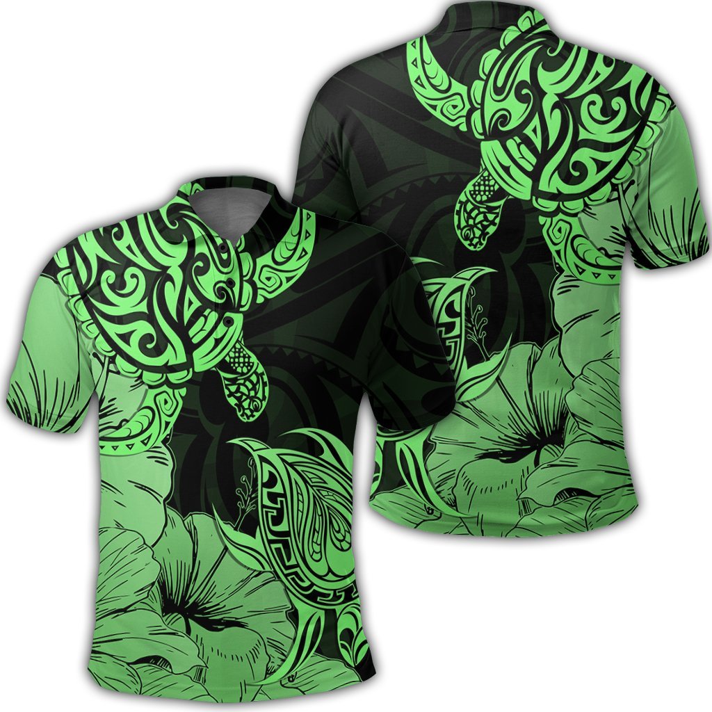 Hawaii Turtle Polo Shirt Polynesian Hibiscus Art Green Unisex Black - Polynesian Pride