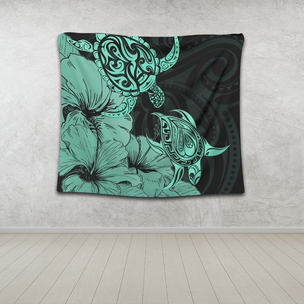 Hawaii Turtle Tapestry Polynesian Hibiscus Art Turquoise - AH - Polynesian Pride