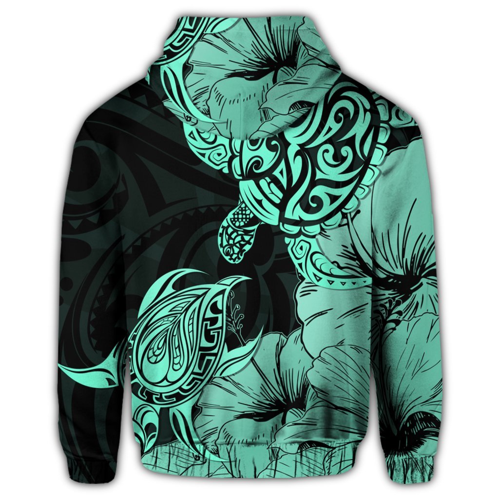 Hawaii Turtle Zip Hoodie Polynesian Hibiscus Art Turquoise - Polynesian Pride