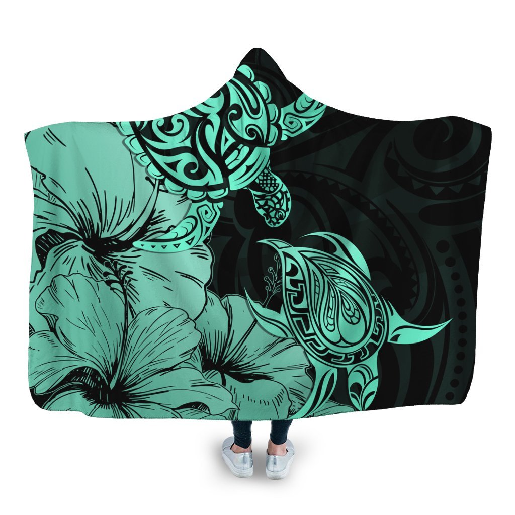 Hawaii Turtle Hooded Blanket Polynesian Hibiscus Art Turquoise - AH Hooded Blanket White - Polynesian Pride