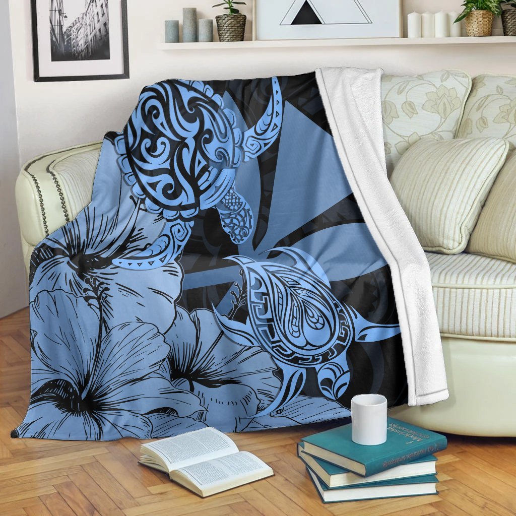 Hawaii Turtle Premium Blankets Polynesian Hibiscus Art Ver 2.0 Blue - AH White - Polynesian Pride