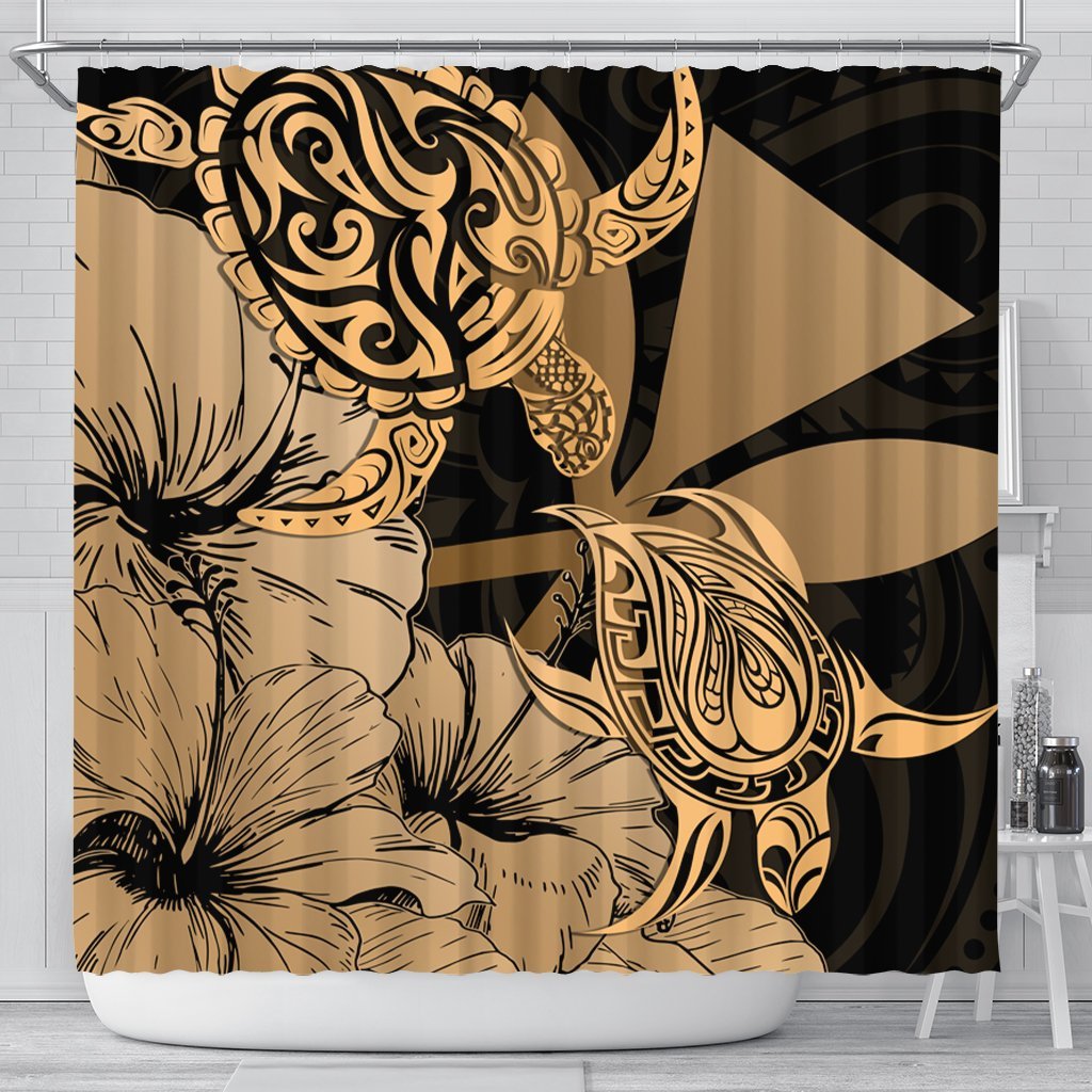 Hawaii Turtle Shower Curtain Polynesian Hibiscus Art Ver 2.0 Gold - AH 177 x 172 (cm) Black - Polynesian Pride