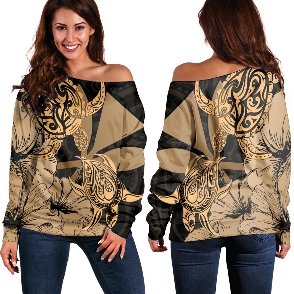 Hawaii Turtle Women's Off Shoulder Sweater Polynesian Hibiscus Art Ver 2.0 Gold - AH Black - Polynesian Pride